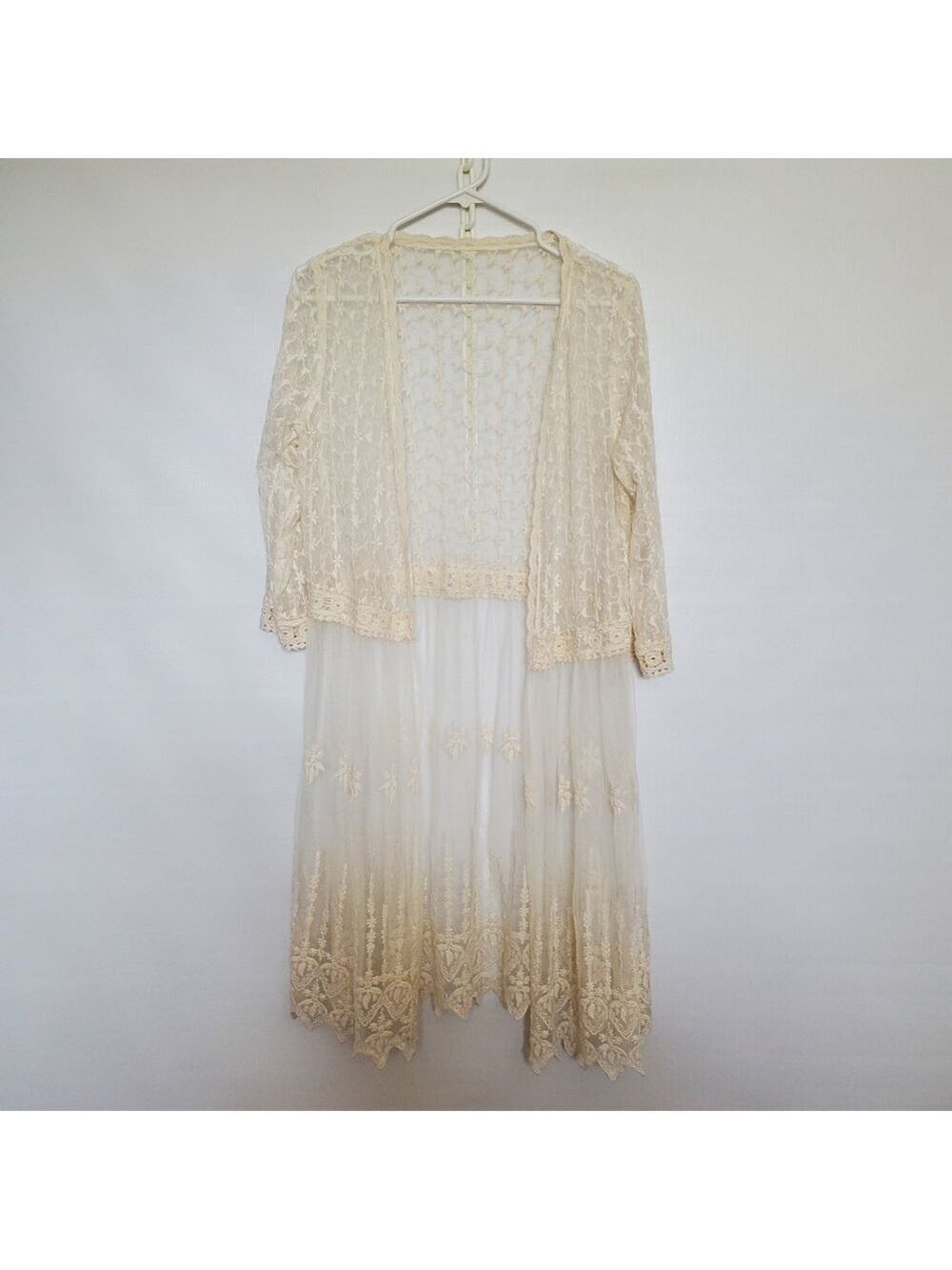 Kimono Duster Mesh Crochet Embroidered Floral Design Long Sleeves Cream (s)